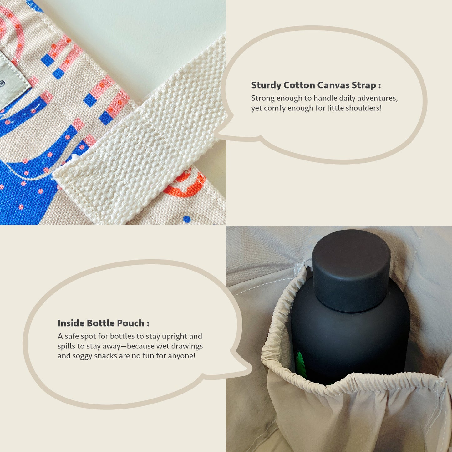 A product feature collage showing a beige canvas shoulder strap with blue and red pattern details, a close-up of the woven texture, and a view of a black bottle inside a beige elastic pouch with text callouts describing the features.