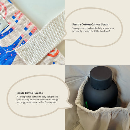 A product feature collage showing a beige canvas shoulder strap with blue and red pattern details, a close-up of the woven texture, and a view of a black bottle inside a beige elastic pouch with text callouts describing the features.