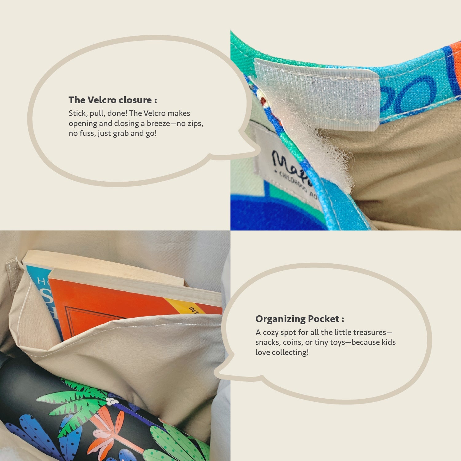 Close-up feature detail of Mapayah FERRY Pome kids tote bag, Velcro closure