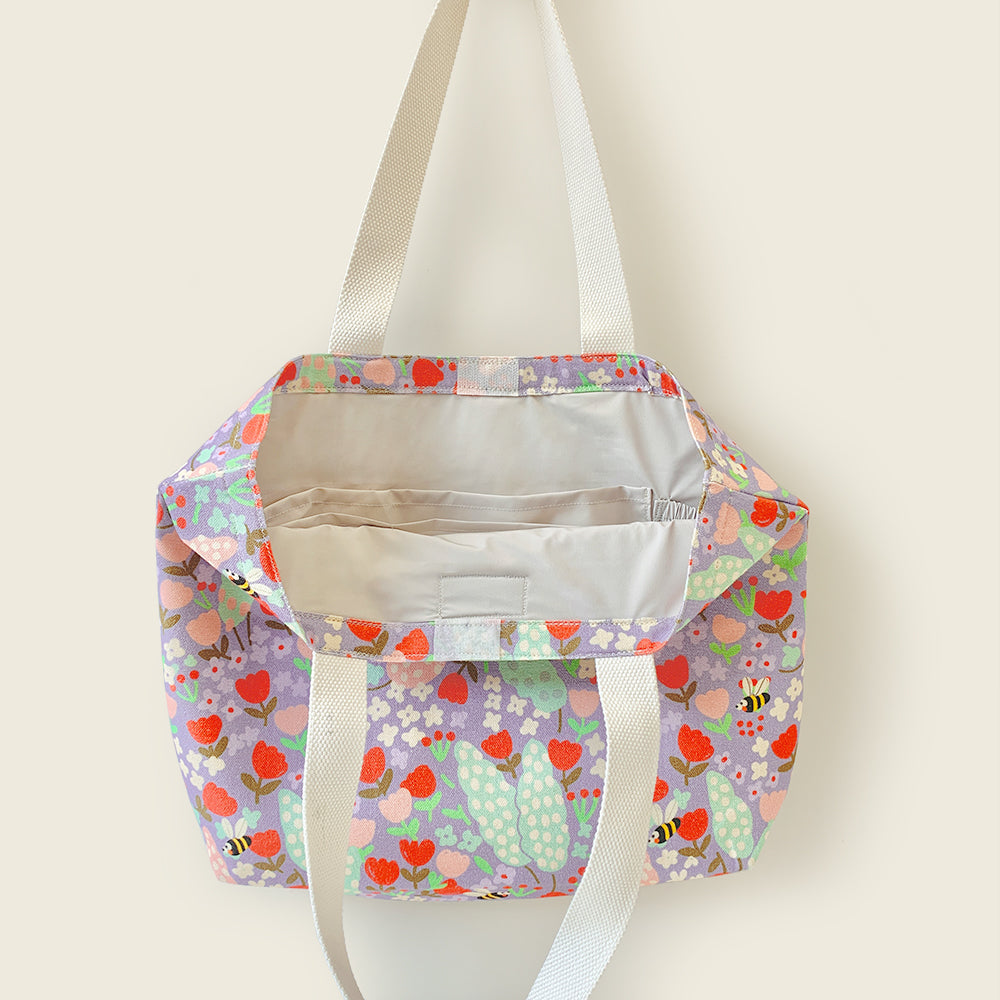 Mapayah FERRY Spring kids tote bag shown open, revealing bottle pouch and lining