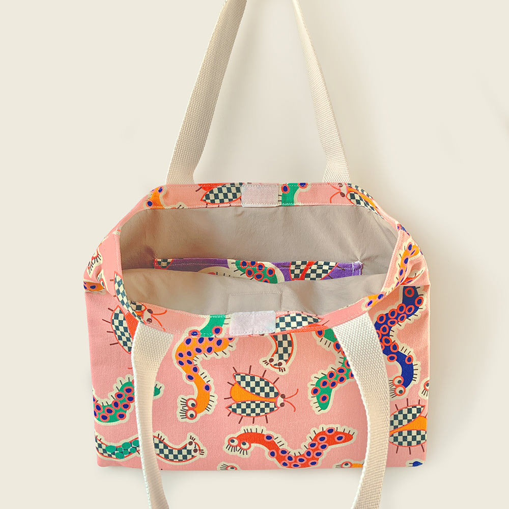 Mapayah FERRY Wiggle Pink kids tote bag shown open, revealing lining