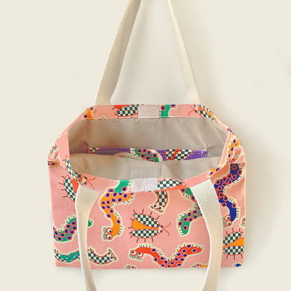 Mapayah FERRY Wiggle Pink kids tote bag shown open, revealing lining