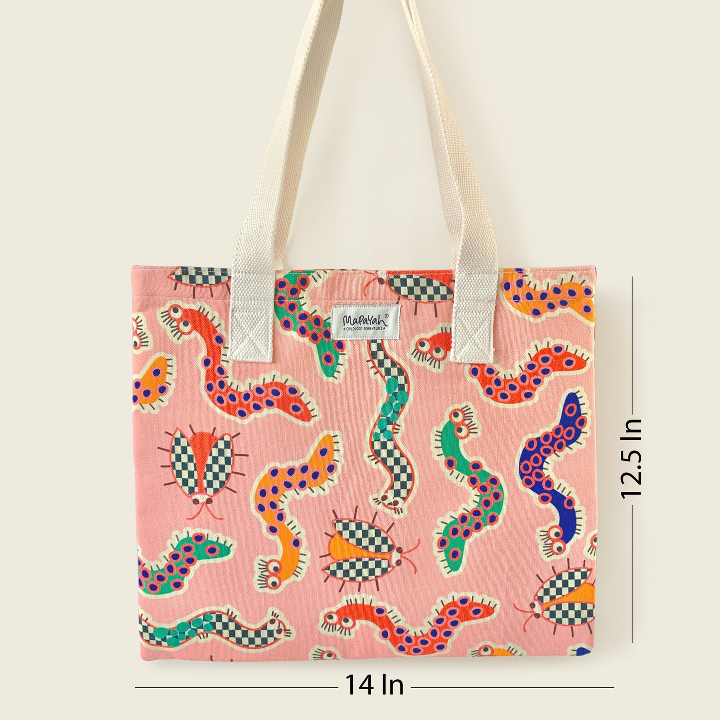 Size and dimensions diagram for Mapayah FERRY Wiggle Pink kids tote bag
