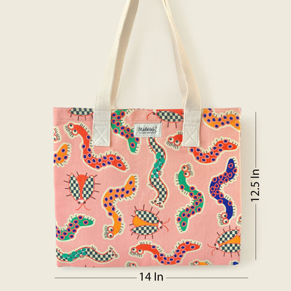 Size and dimensions diagram for Mapayah FERRY Wiggle Pink kids tote bag