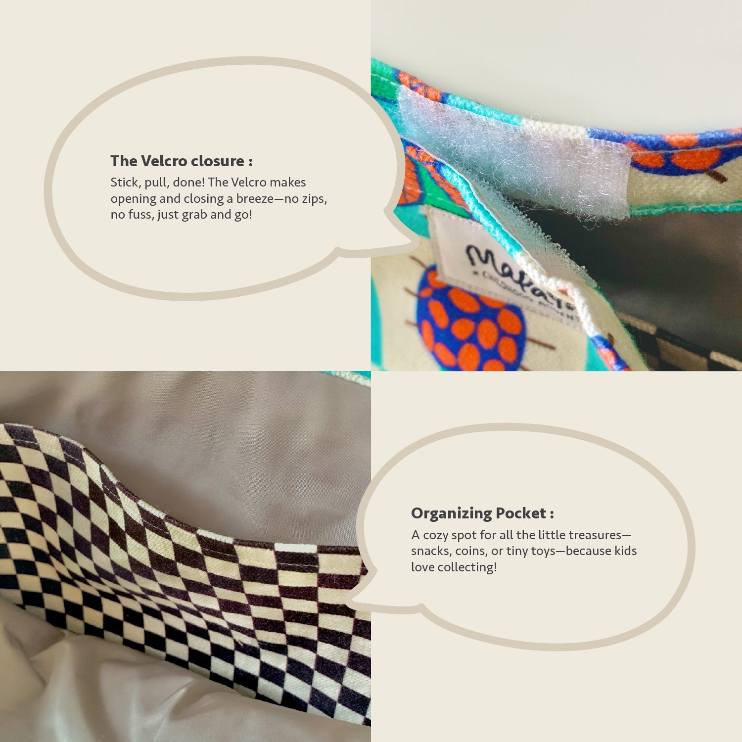 Close-up feature detail of Mapayah FERRY Ziggy kids tote bag, Velcro closure
