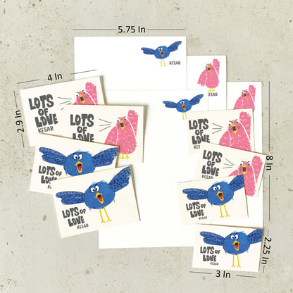 Size and dimensions diagram for Mapayah KIT Bird stationery set