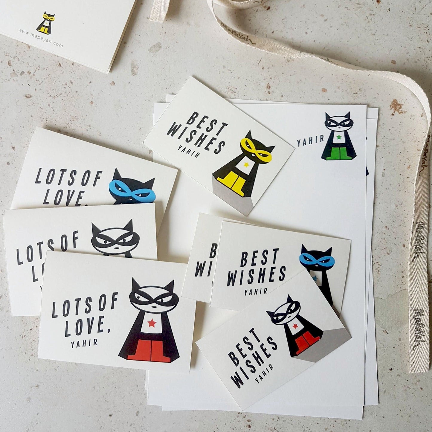 Mapayah KIT Supermeow notepaper sheets and gift tags laid out