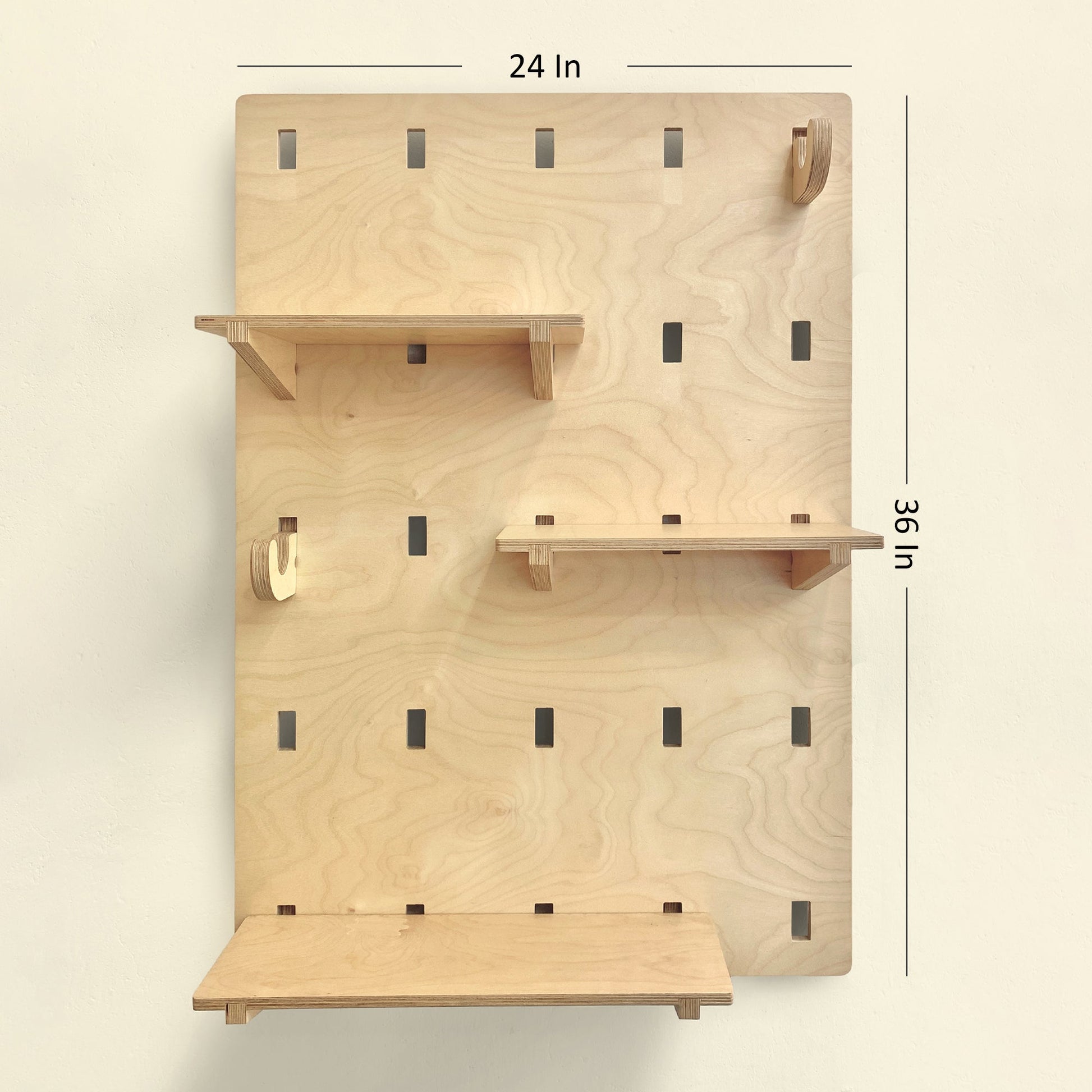 Size and dimensions diagram of the Mapayah NOTCH wall shelving system, a birch plywood notch board measuring 24 x 36 inches with three shelves and a hook attached, set against a solid cream background.