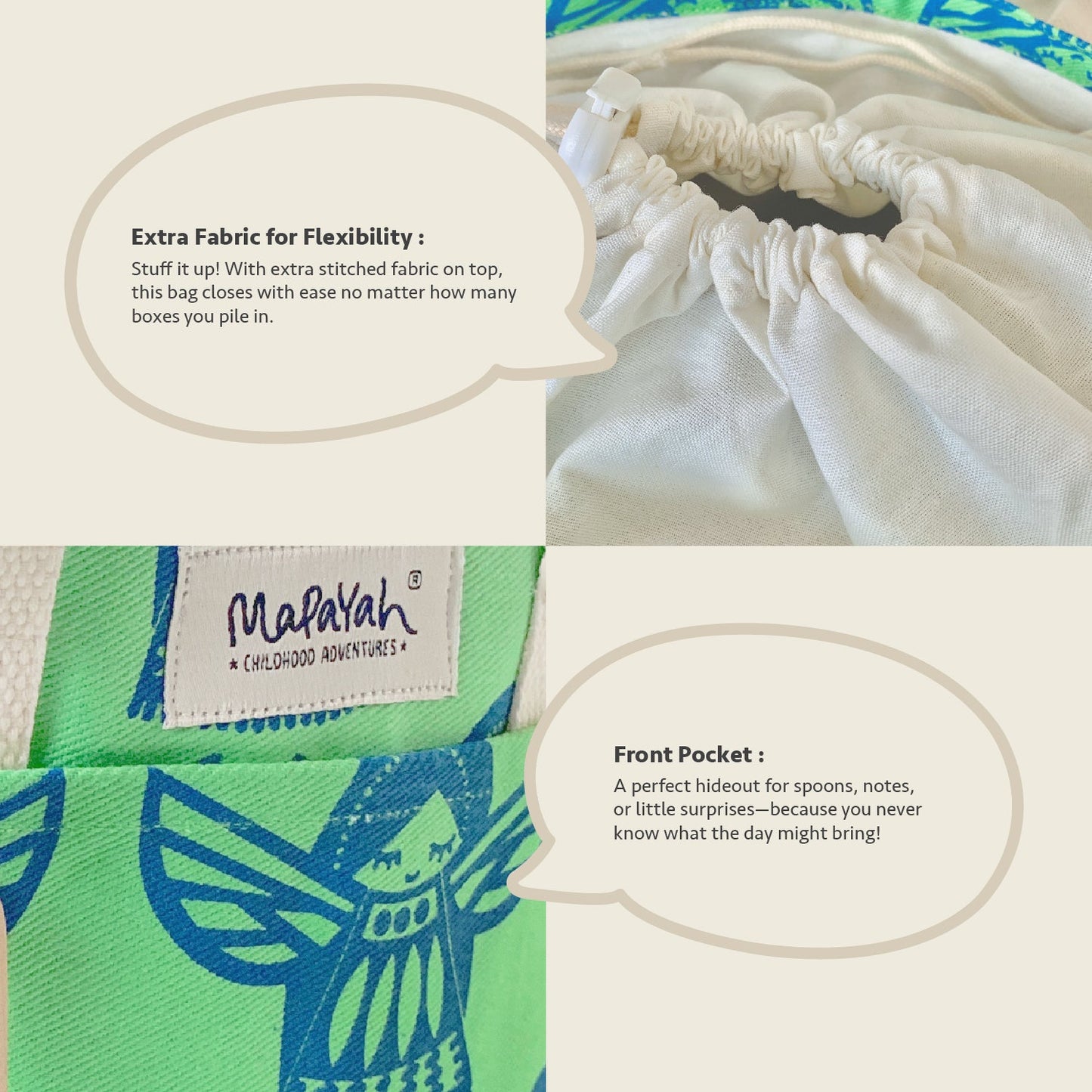 Close-up feature detail of Mapayah PACK Angela Green kids lunch bag, drawstring closure