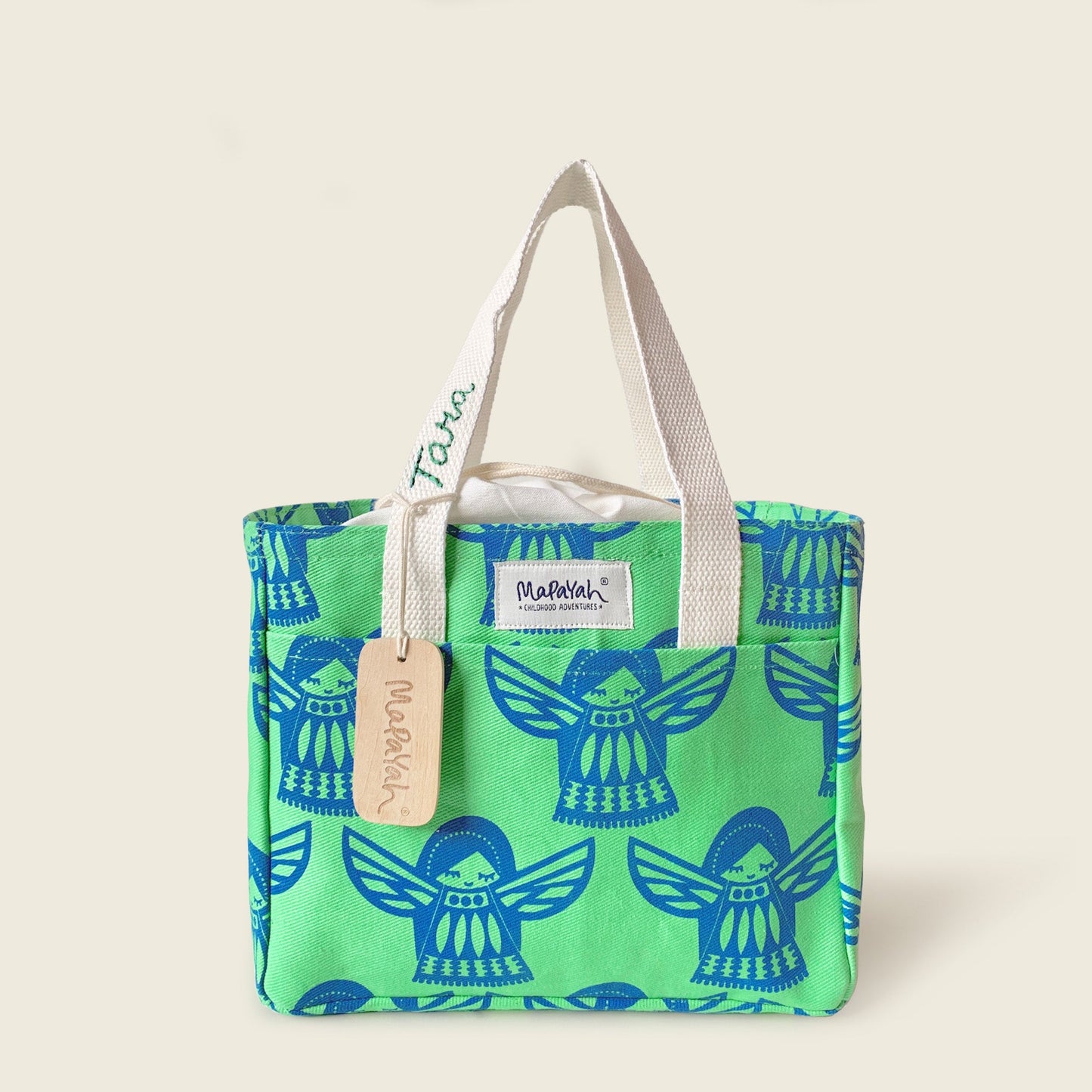 Mapayah PACK Angela Green kids lunch bag with personalisation, front angle view