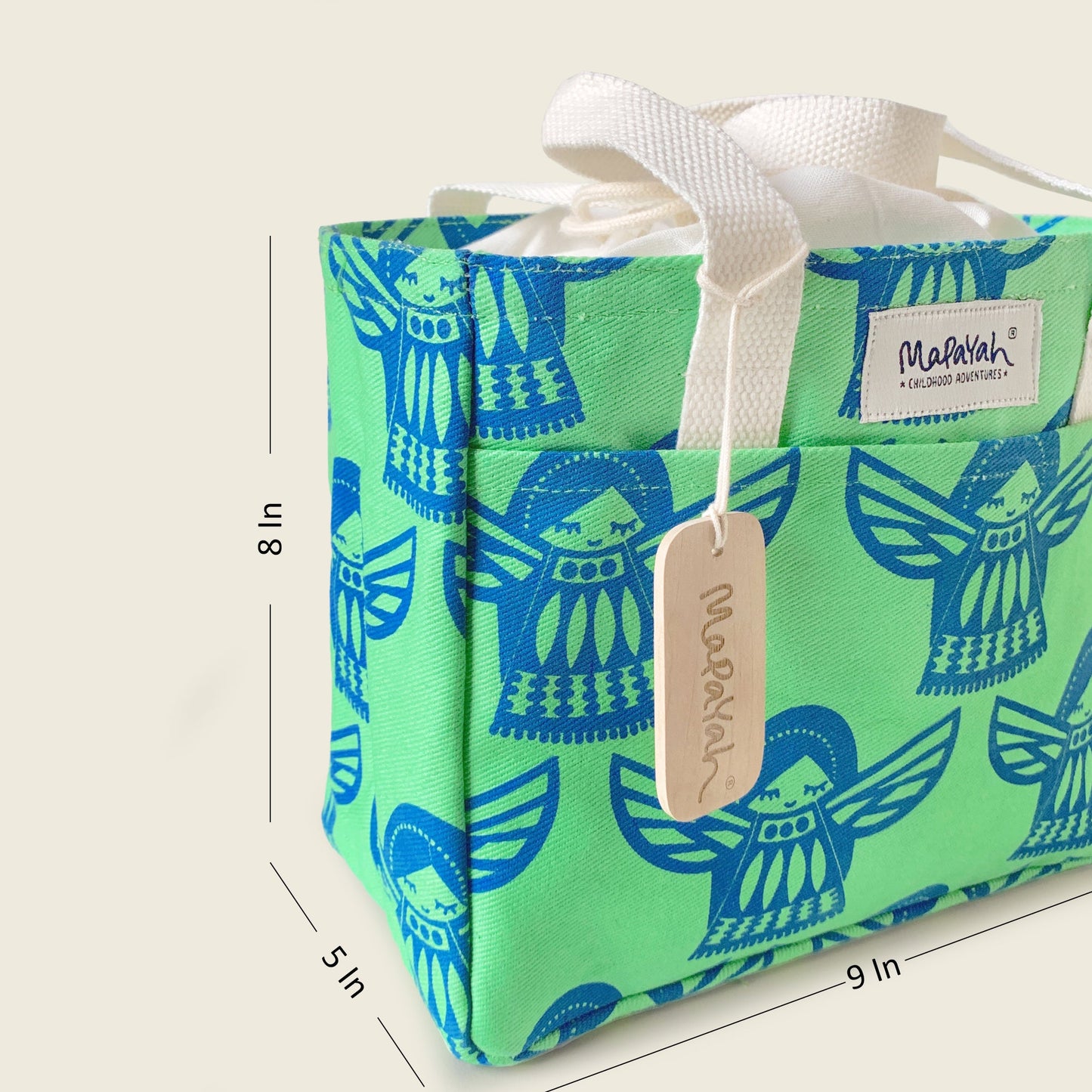 Size and dimensions diagram for Mapayah PACK Angela Green kids lunch bag
