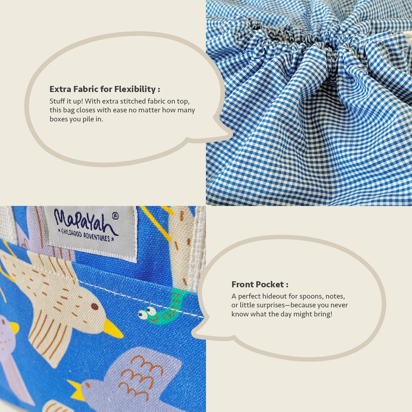 Close-up feature detail of Mapayah PACK Flap kids lunch bag, drawstring closure