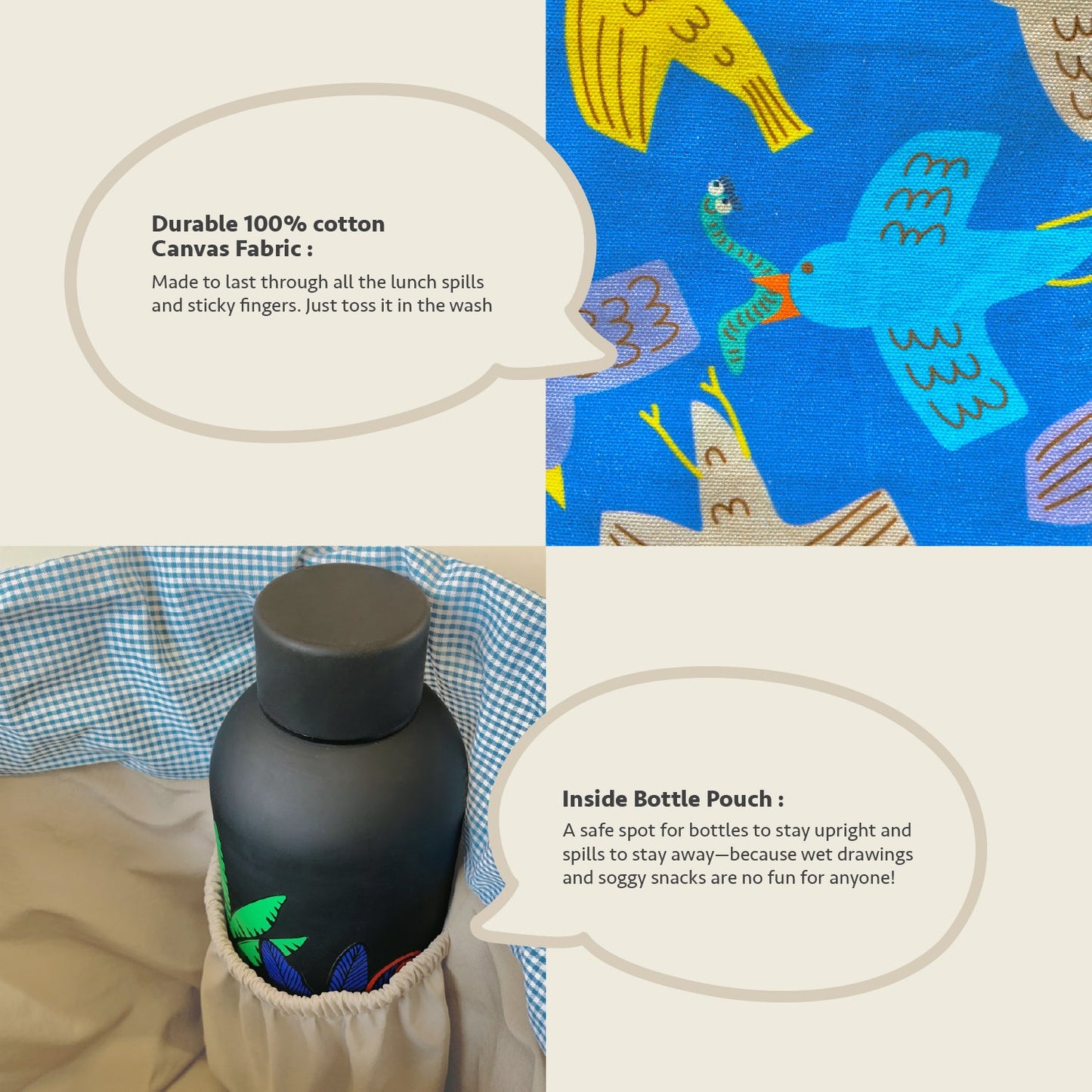 Close-up feature detail of Mapayah PACK Flap kids lunch bag, bottle holder