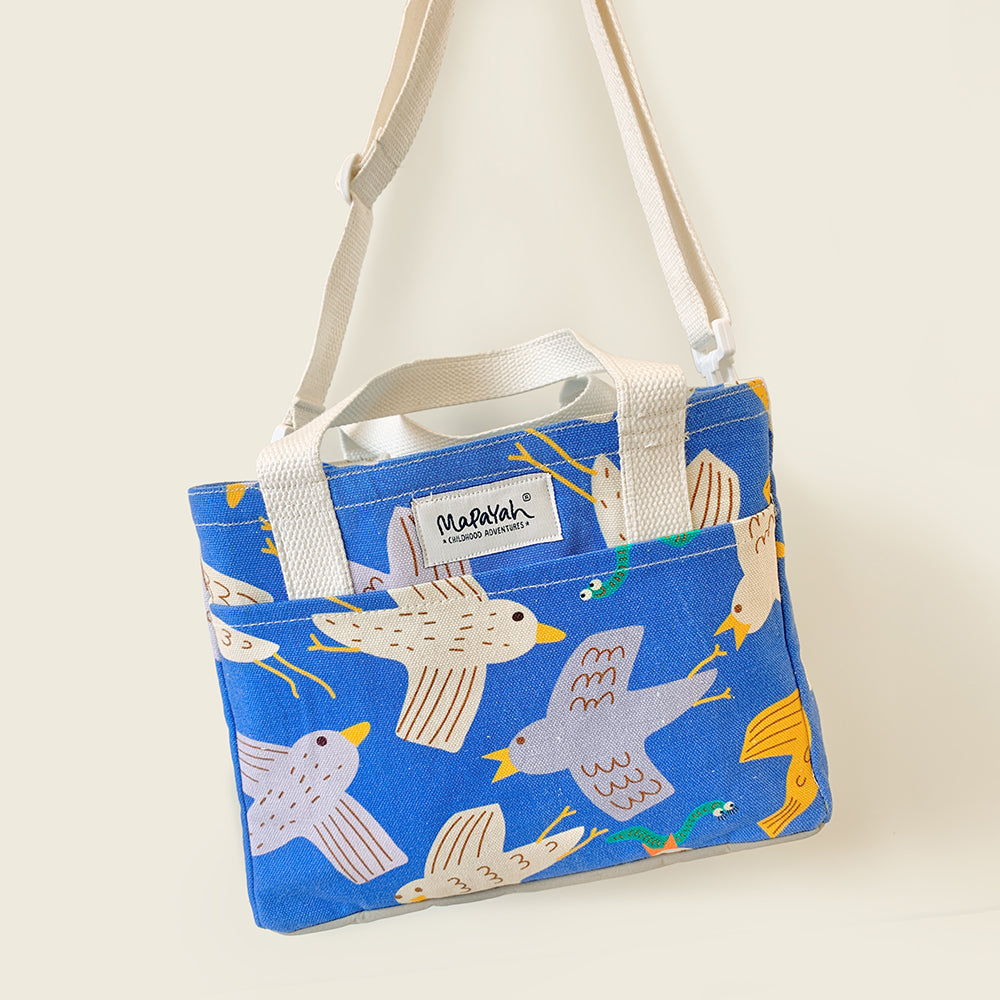 Mapayah PACK Flap kids lunch bag shown hanging by its shoulder strap