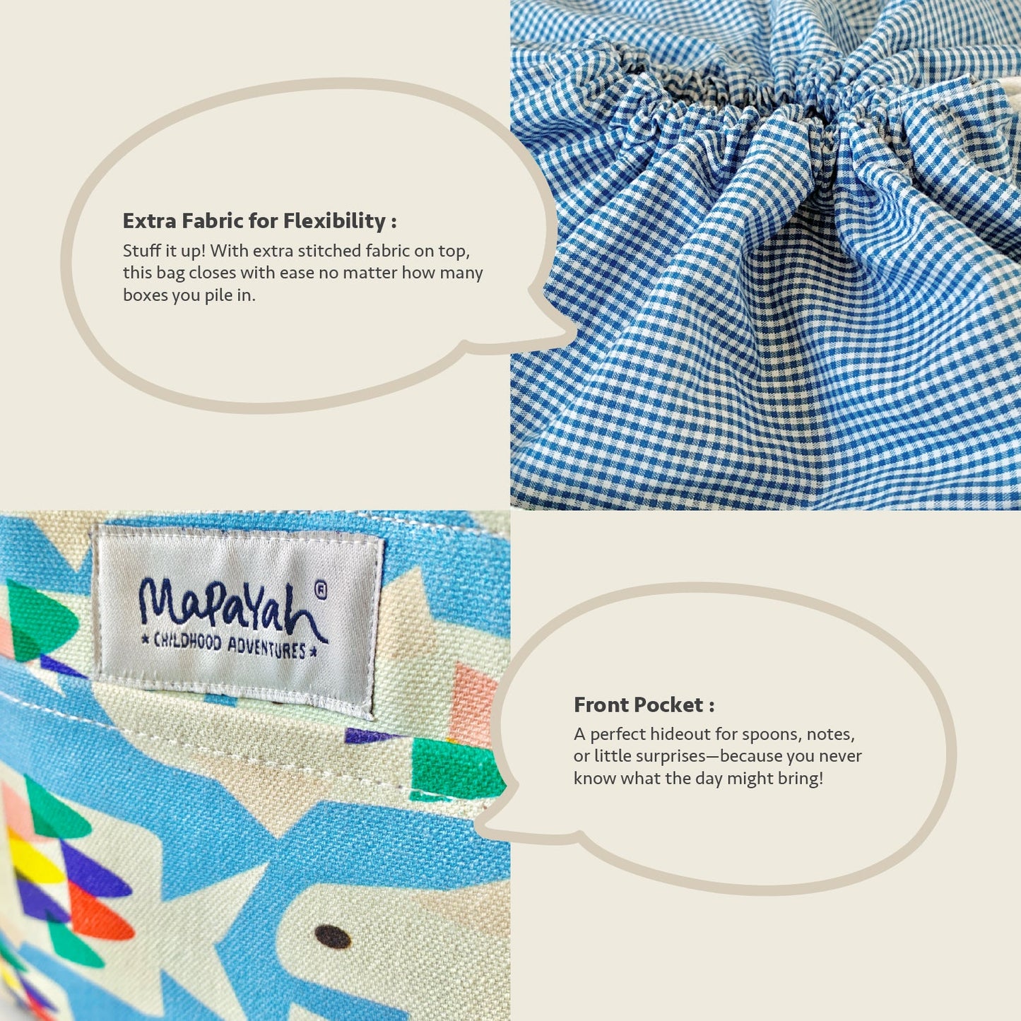Close-up feature detail of Mapayah PACK Flipper kids lunch bag, drawstring closure