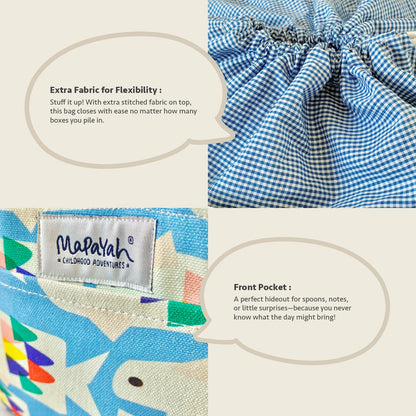 Close-up feature detail of Mapayah PACK Flipper kids lunch bag, drawstring closure