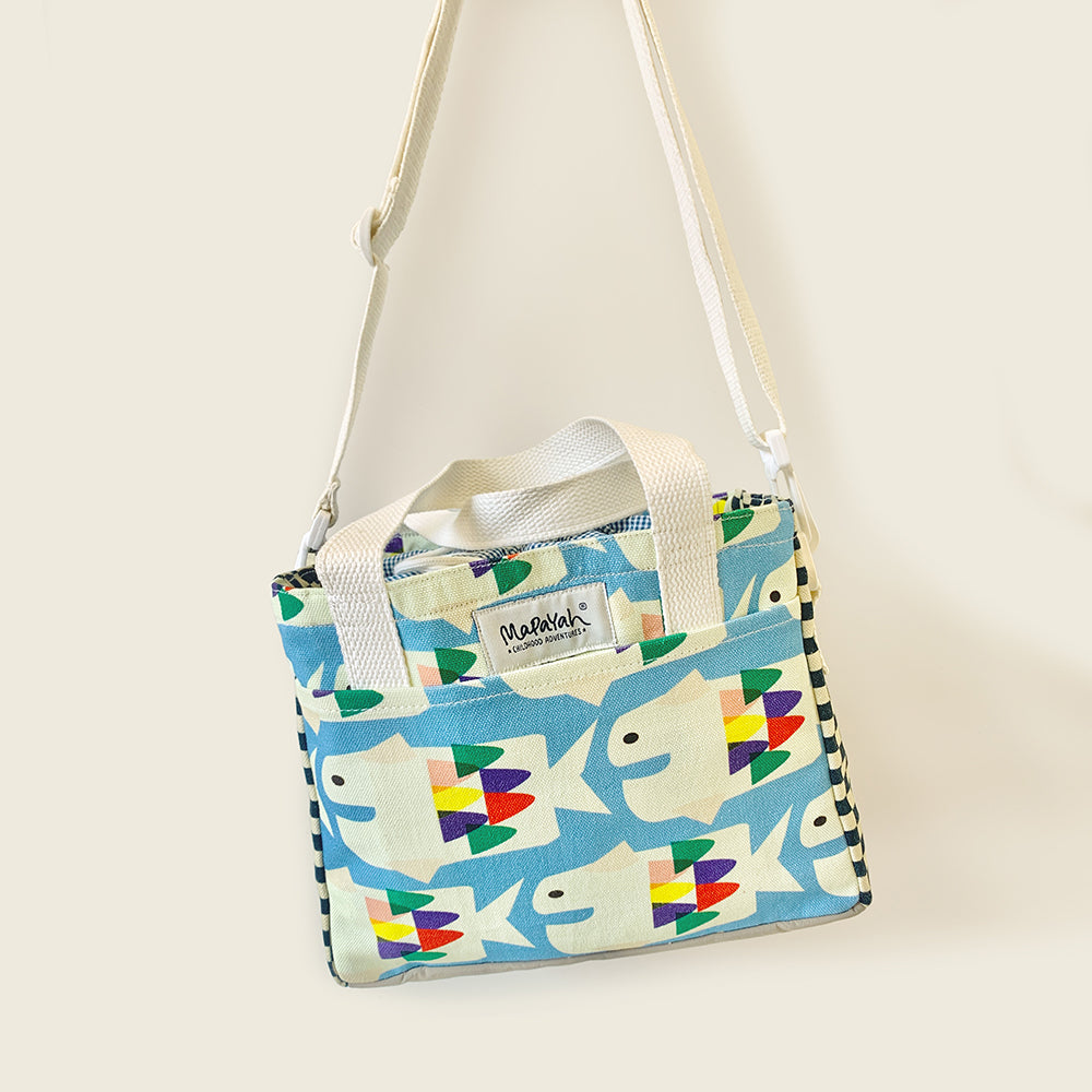 Mapayah PACK Flipper kids lunch bag shown hanging by its shoulder strap