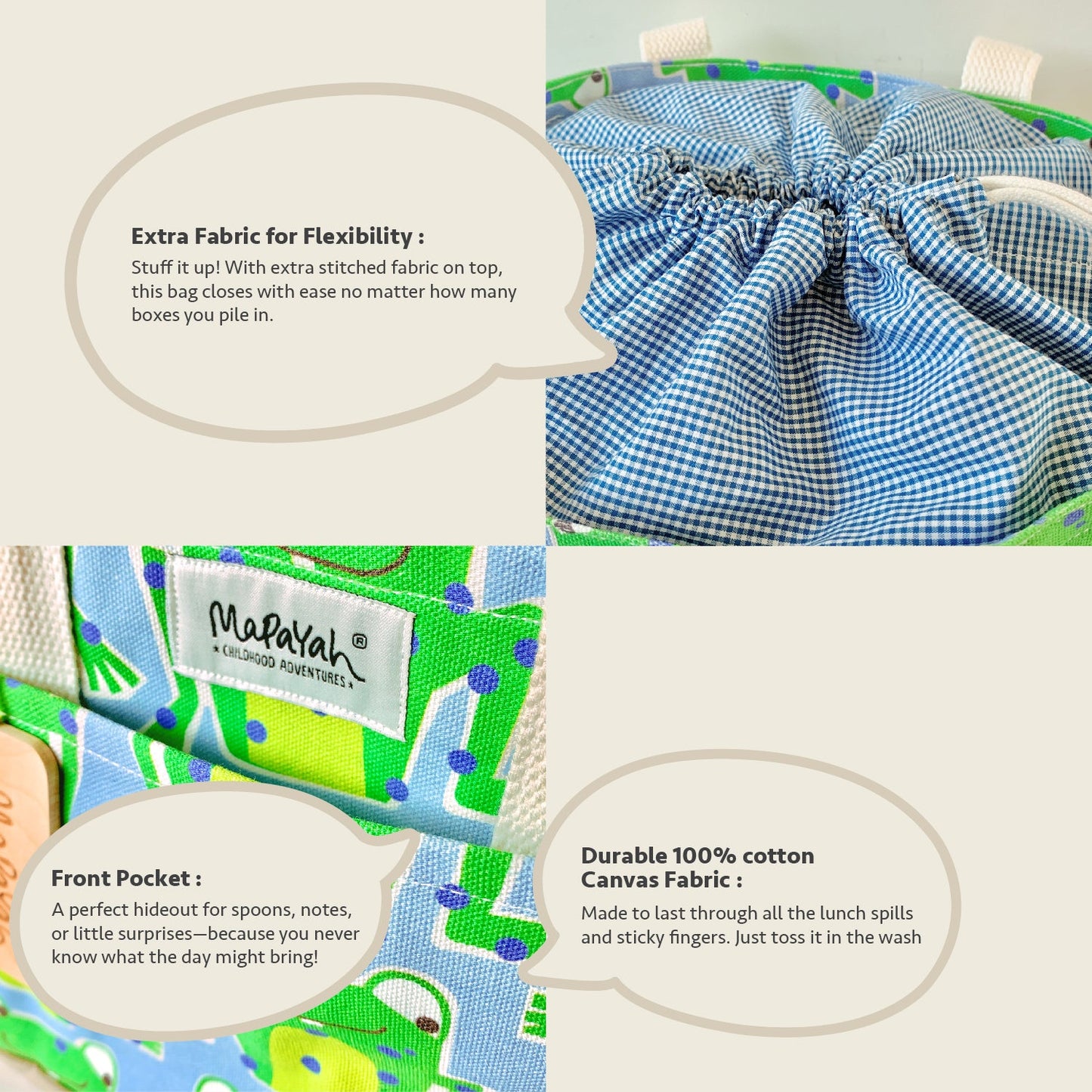 Close-up feature detail of Mapayah PACK Frawwg kids lunch bag, drawstring closure