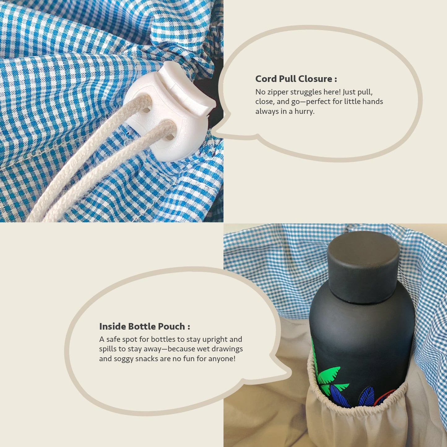 Close-up feature detail of Mapayah PACK Frawwg kids lunch bag, bottle holder