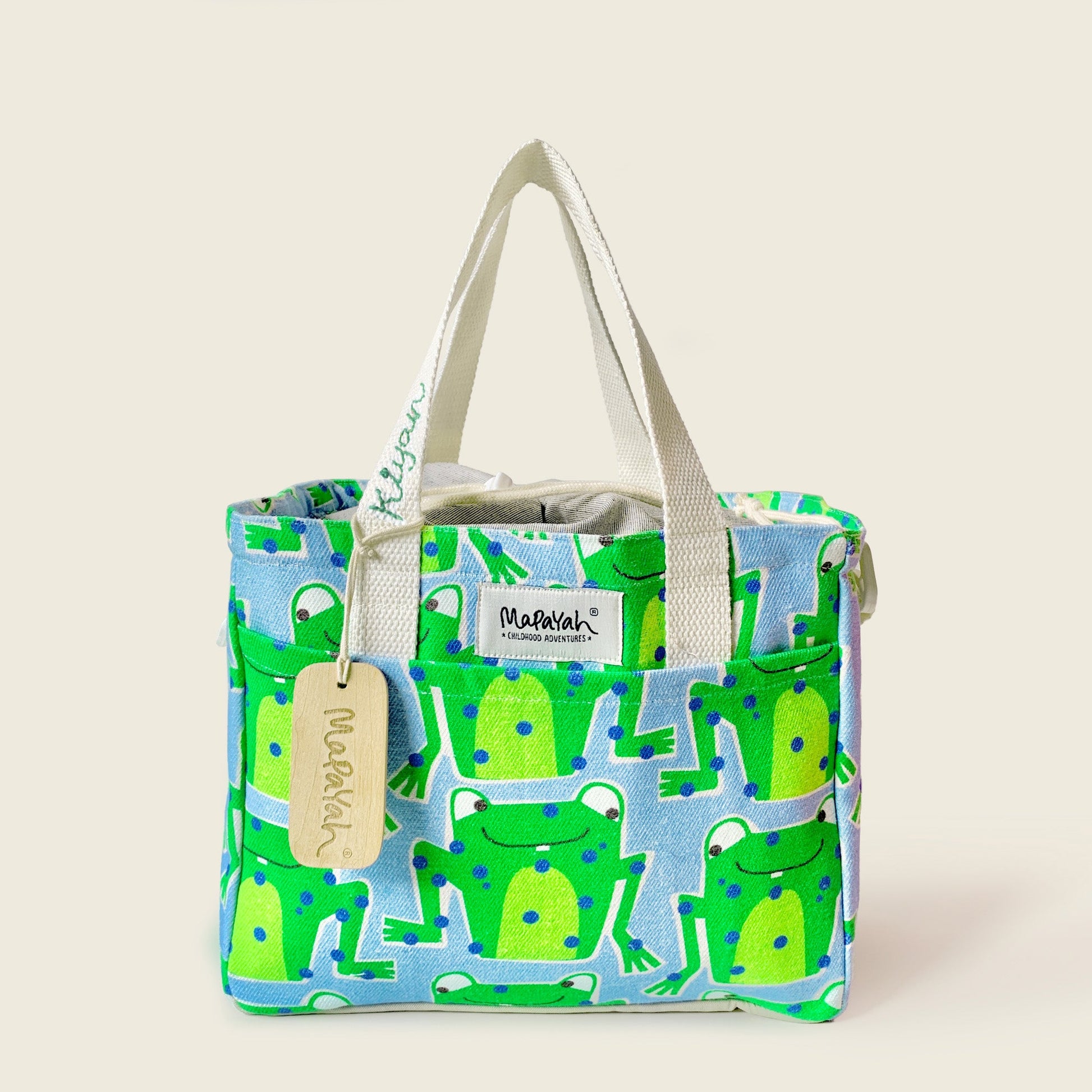 Mapayah PACK Frawwg kids lunch bag with personalisation, front angle view