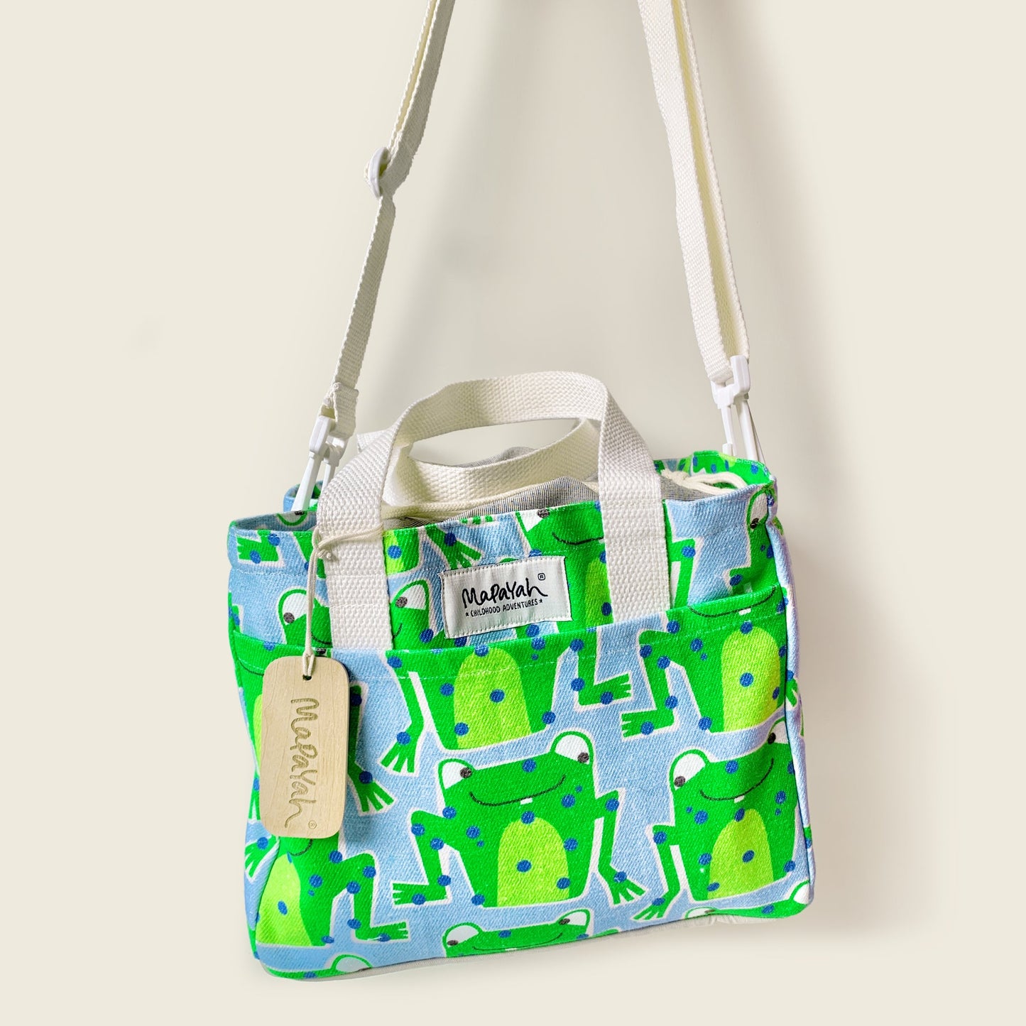 Mapayah PACK Frawwg kids lunch bag shown hanging by its shoulder strap