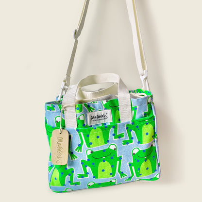 Mapayah PACK Frawwg kids lunch bag shown hanging by its shoulder strap