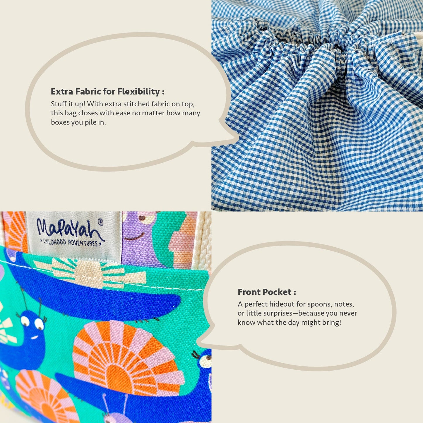 Close-up feature detail of Mapayah PACK Glo kids lunch bag, drawstring closure