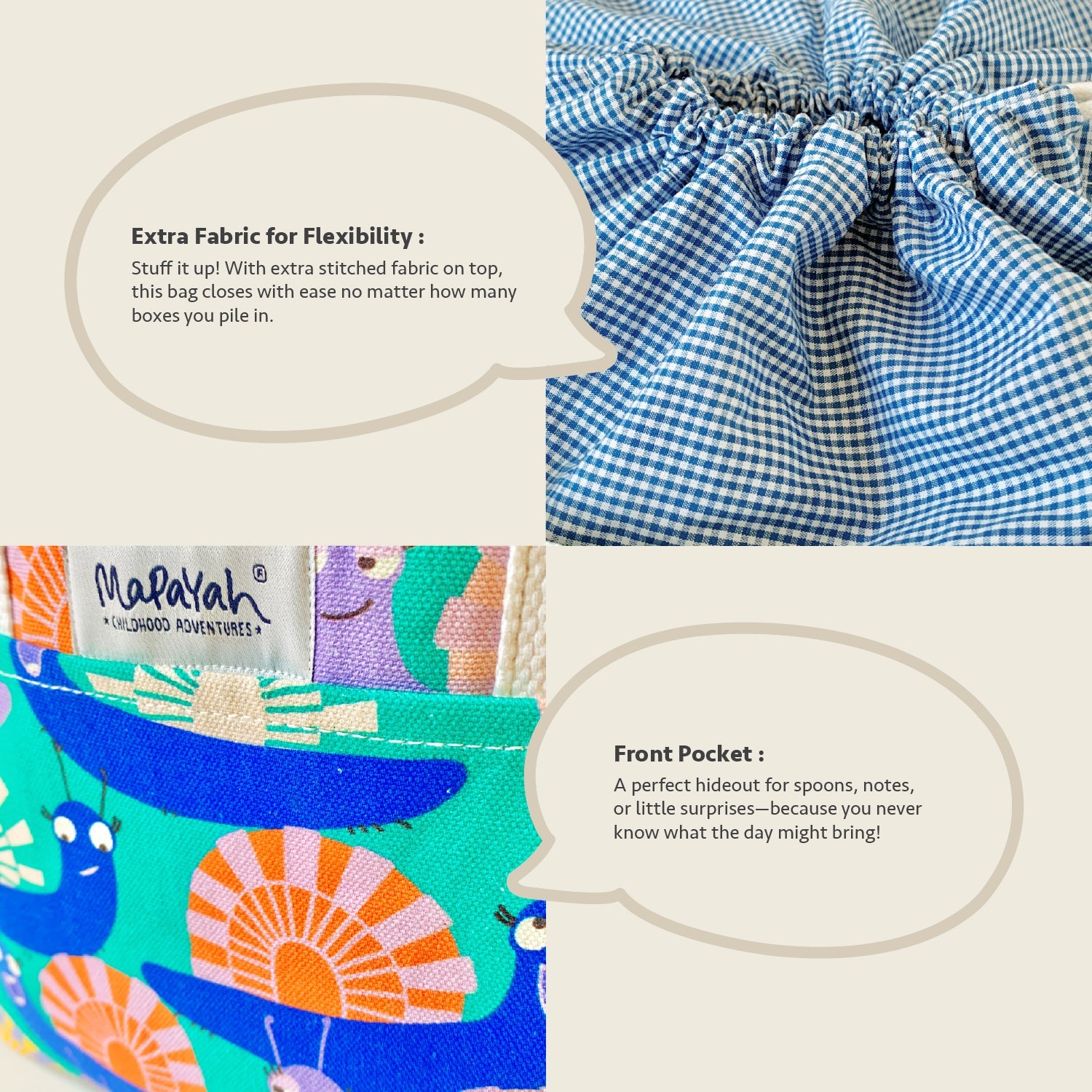 Close-up feature detail of Mapayah PACK Glo kids lunch bag, drawstring closure
