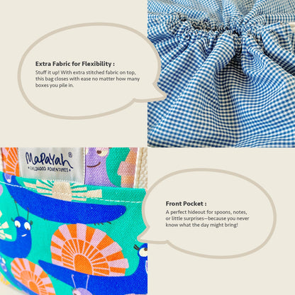 Close-up feature detail of Mapayah PACK Glo kids lunch bag, drawstring closure
