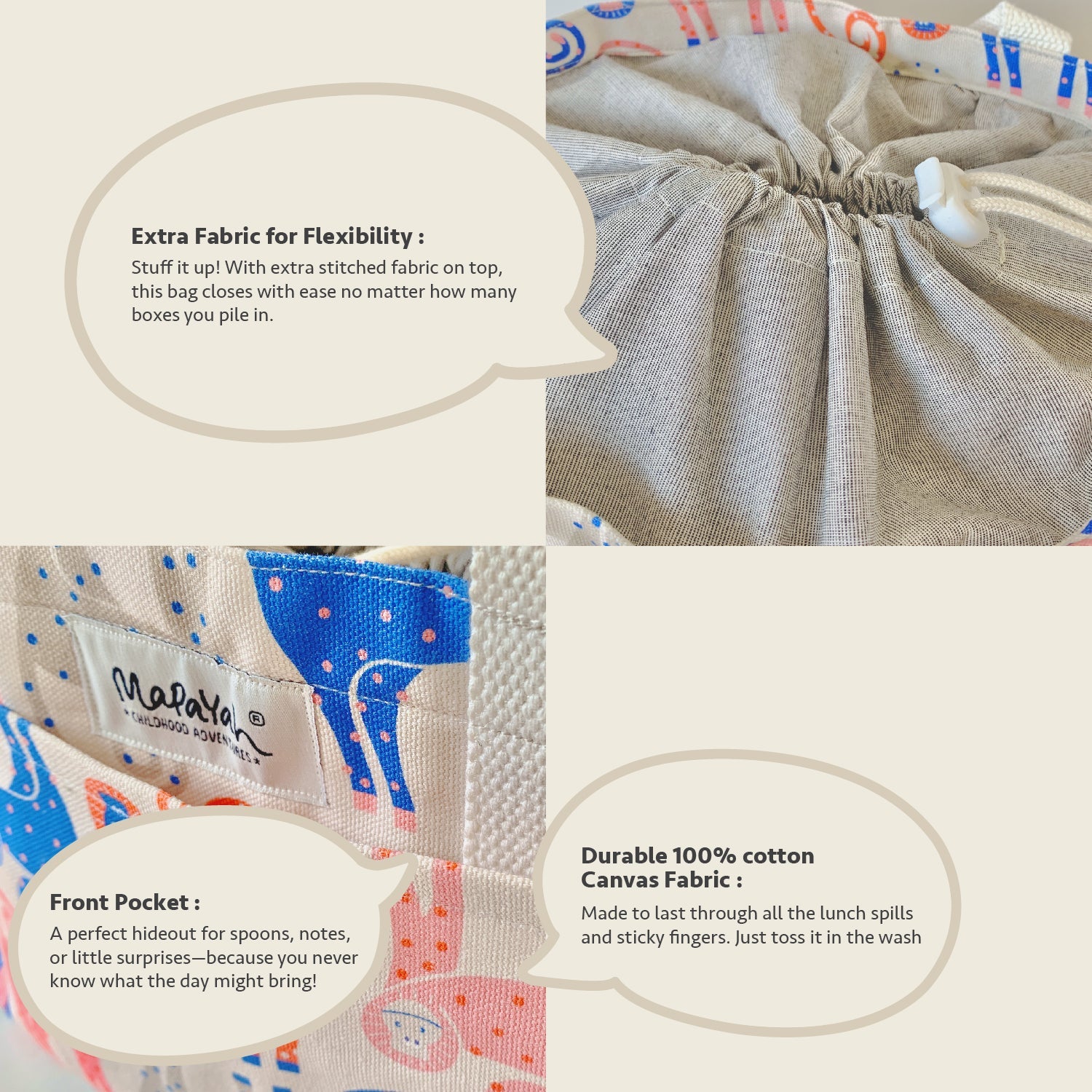 Close-up feature detail of Mapayah PACK Munki kids lunch bag, drawstring closure