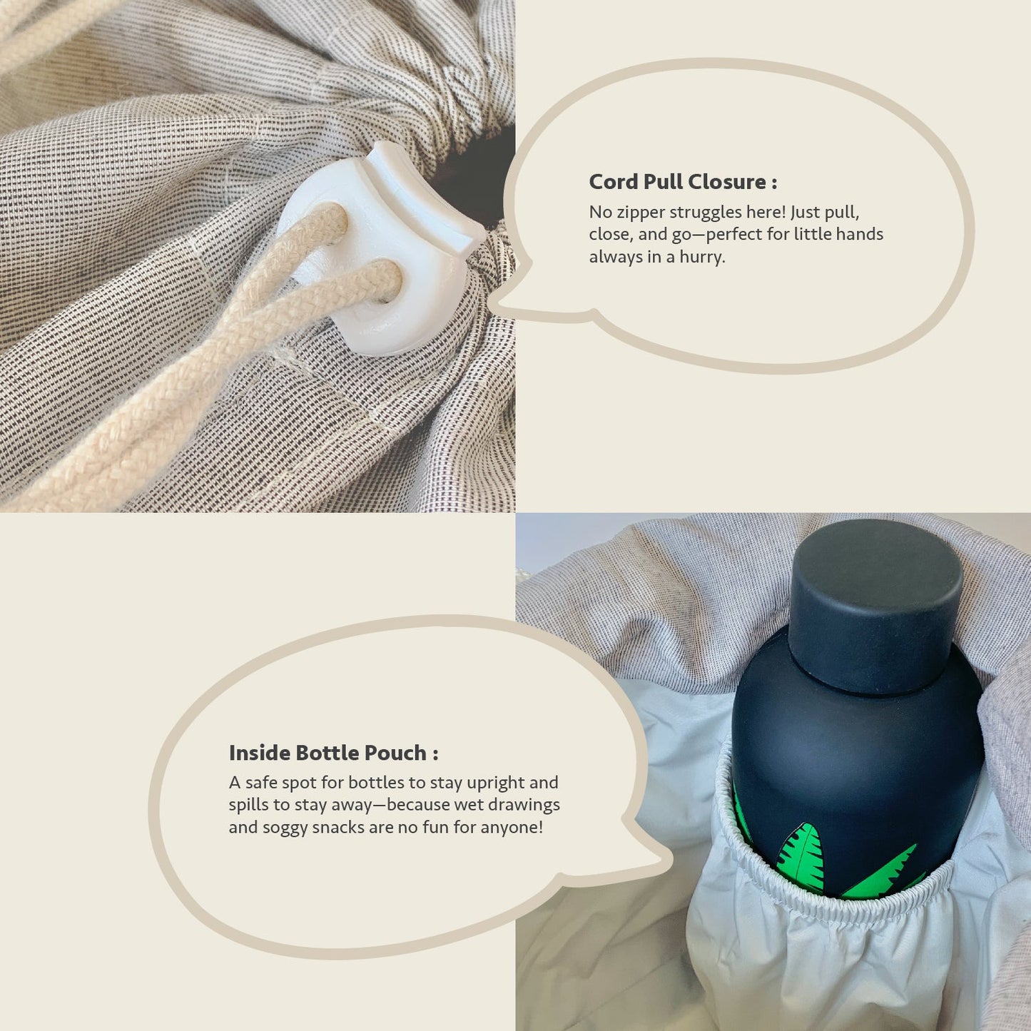 Close-up feature detail of Mapayah PACK Munki kids lunch bag, bottle holder