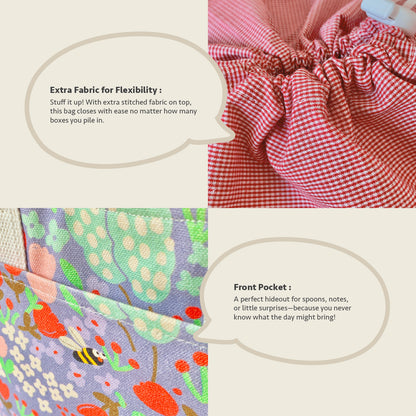 A product collage showing a fabric storage bag with text callouts. The top-right panel shows a red-and-white gingham gathered fabric pocket.