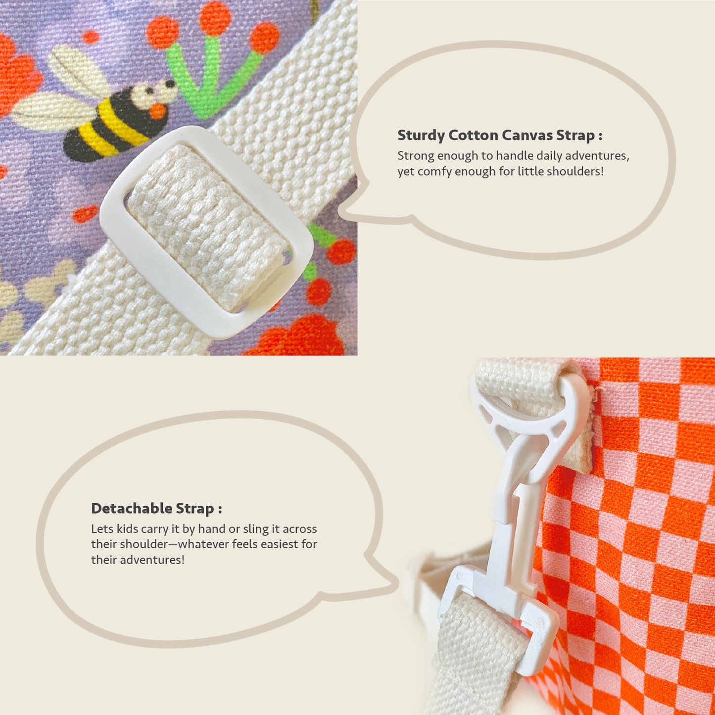Two close-up product detail shots on a light beige background with speech bubbles explaining features. The top shows a white canvas shoulder strap with a white plastic buckle attached to a colorful printed fabric.