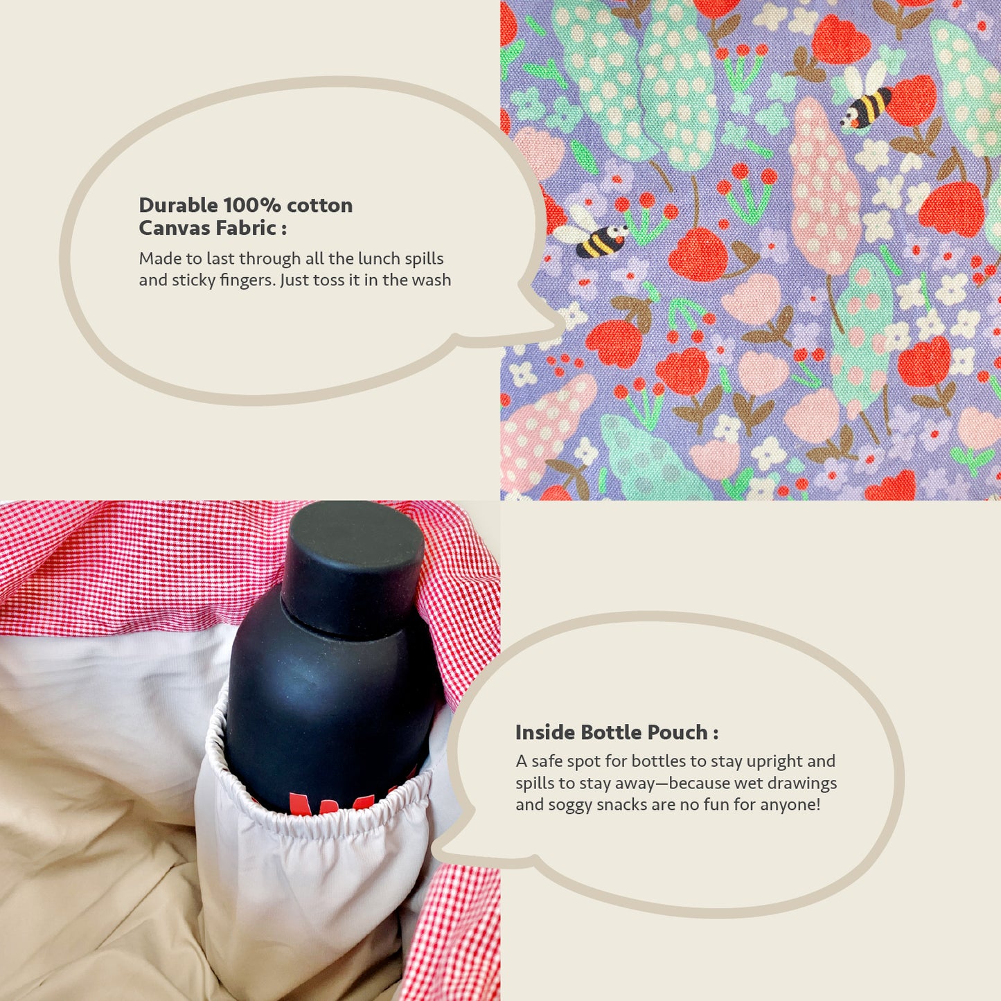 A product infographic showing a black bottle with a white and red gingham pouch pocket, accompanied by text callouts describing the fabric and pouch features, and a close-up of the patterned fabric.