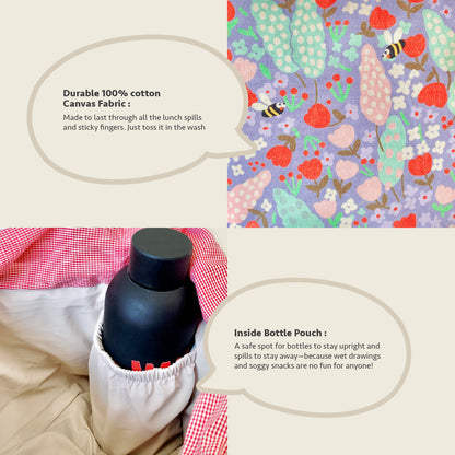 A product infographic showing a black bottle with a white and red gingham pouch pocket, accompanied by text callouts describing the fabric and pouch features, and a close-up of the patterned fabric.
