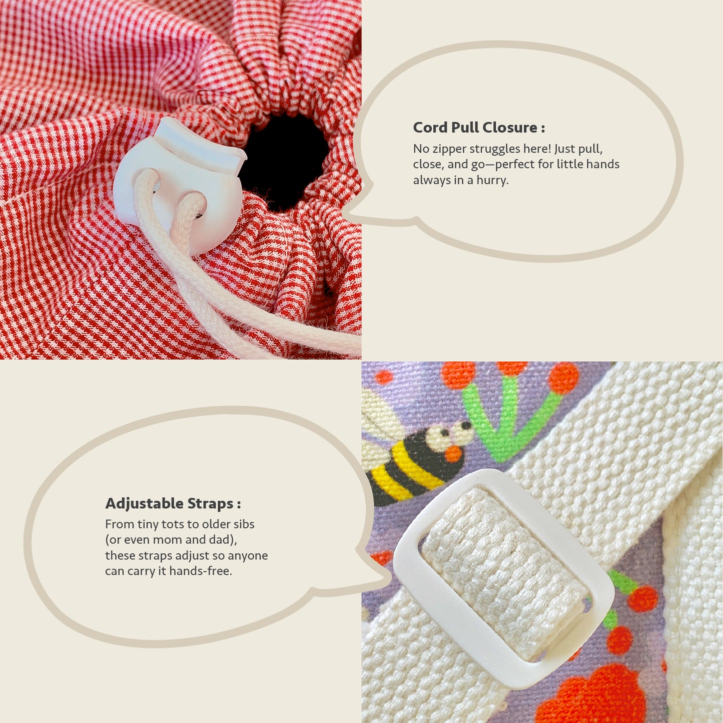 Two-panel product feature graphic showing a drawstring bag close-up. The top panel shows a red-and-white gingham fabric bag with a white cord pull closure and text explaining the zipper-free pull.