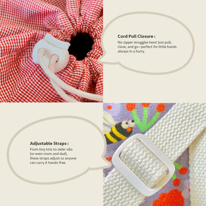 Two-panel product feature graphic showing a drawstring bag close-up. The top panel shows a red-and-white gingham fabric bag with a white cord pull closure and text explaining the zipper-free pull.