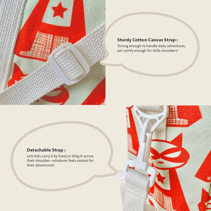 Close-up feature detail of Mapayah PACK Supermeow Red kids lunch bag fabric showing the details of canvas starp and detachable strap