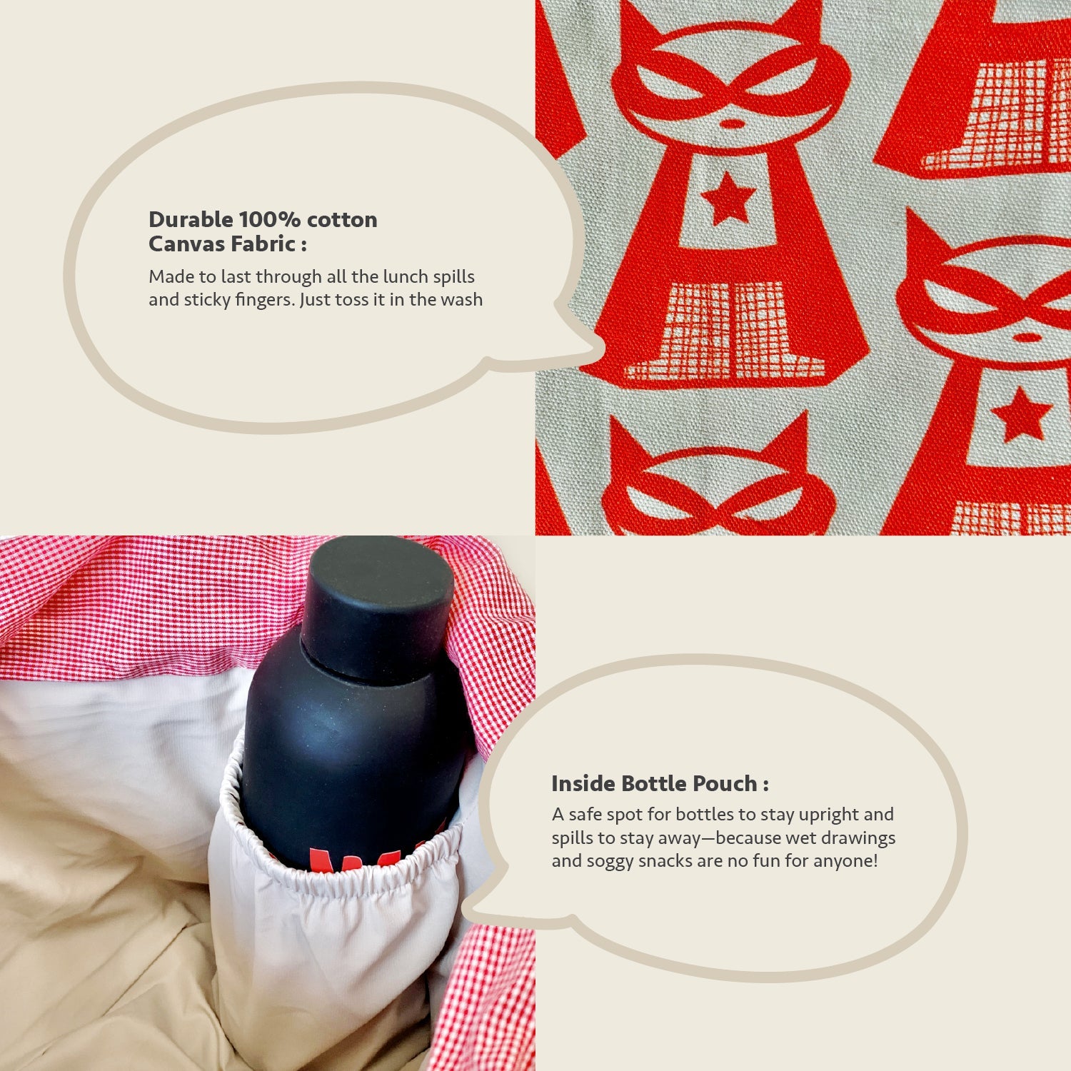 Close-up feature detail of Mapayah Lunch bag Supermeow Red kids lunch bag, showing bottle holder and close-up of fabric