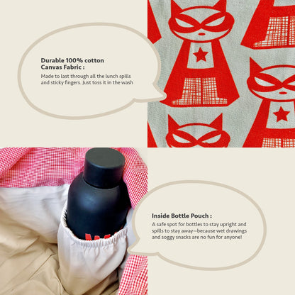 Close-up feature detail of Mapayah Lunch bag Supermeow Red kids lunch bag, showing bottle holder and close-up of fabric