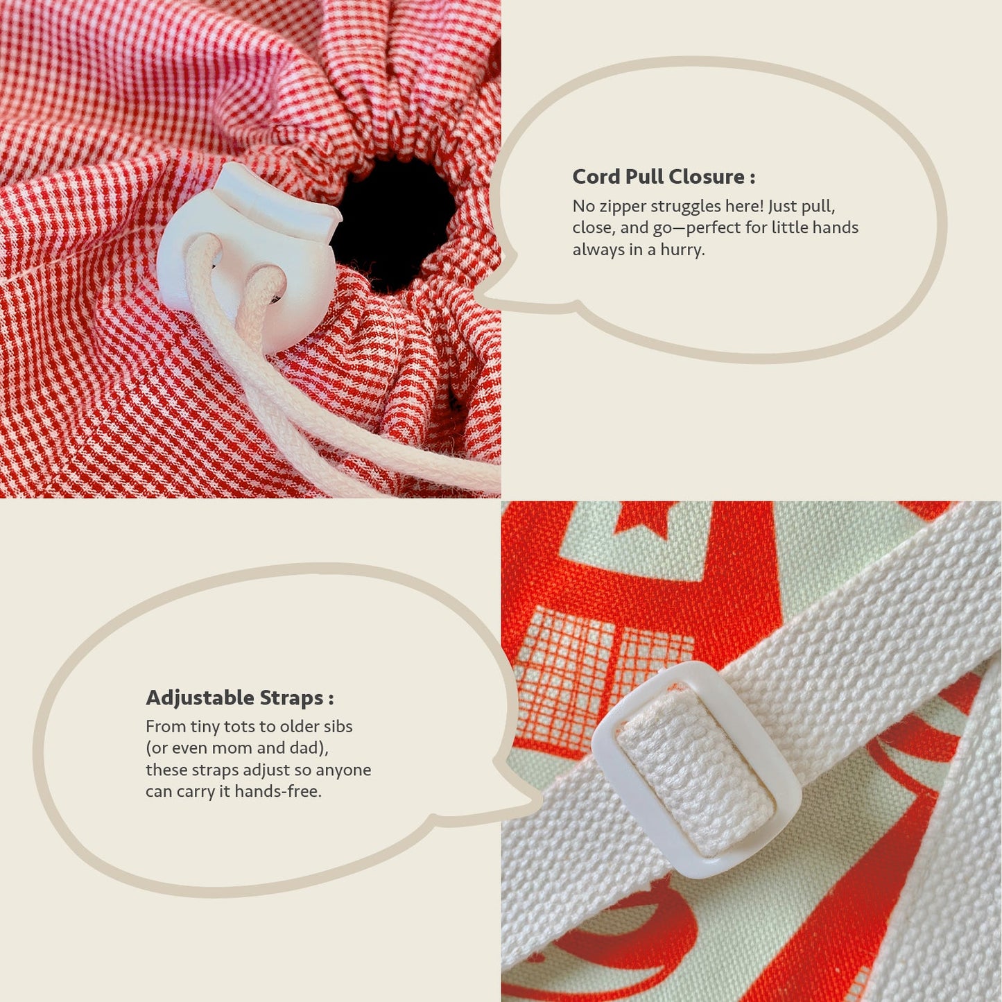 Close-up feature detail of Mapayah Lunch bag Supermeow Red kids lunch bag strap showing cord pull and adjustable starp details