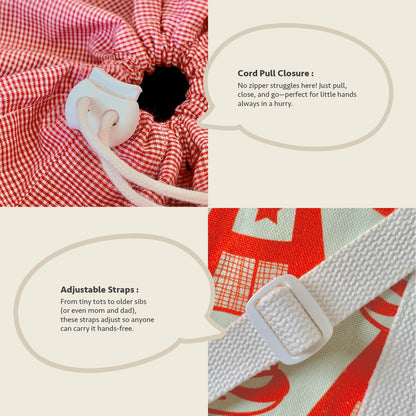 Close-up feature detail of Mapayah Lunch bag Supermeow Red kids lunch bag strap showing cord pull and adjustable starp details