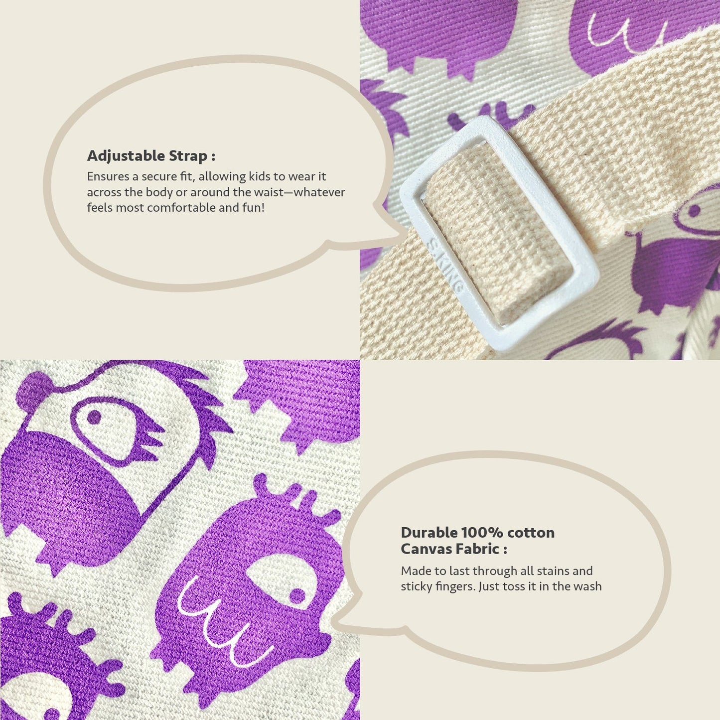 Close-up feature detail of Mapayah POCKET Oddling Purple kids waist bag, zip closure