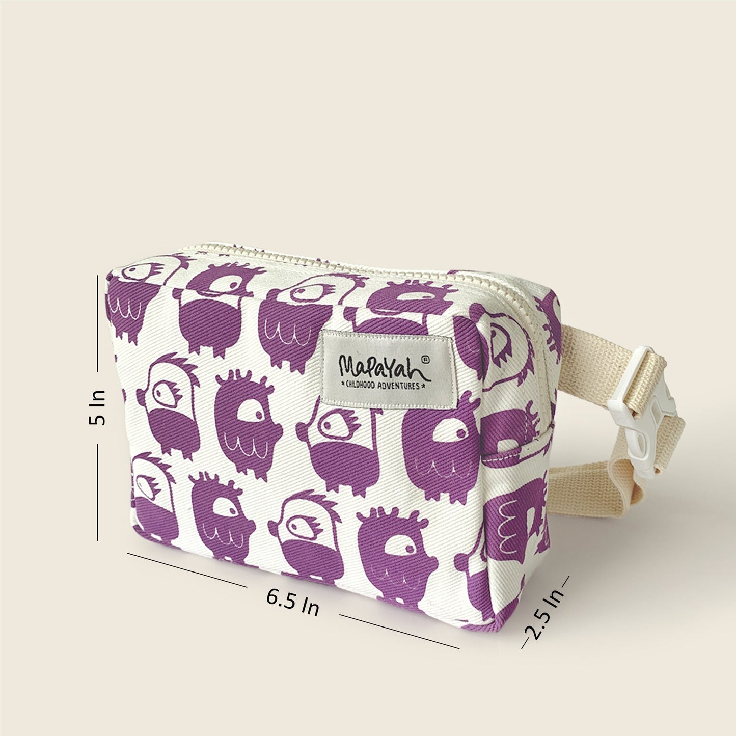 Size and dimensions diagram for Mapayah POCKET Oddling Purple kids waist bag