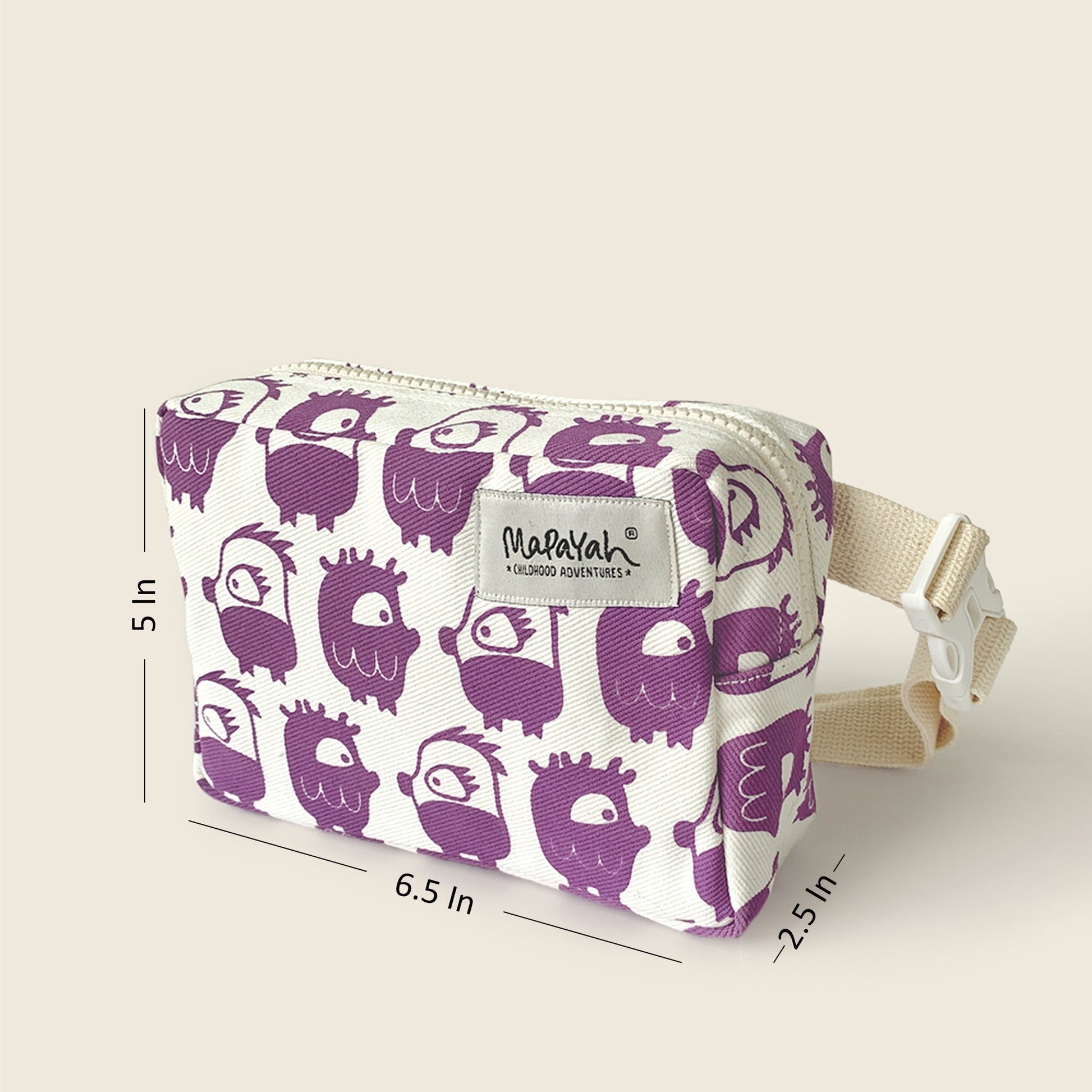 Size and dimensions diagram for Mapayah POCKET Oddling Purple kids waist bag