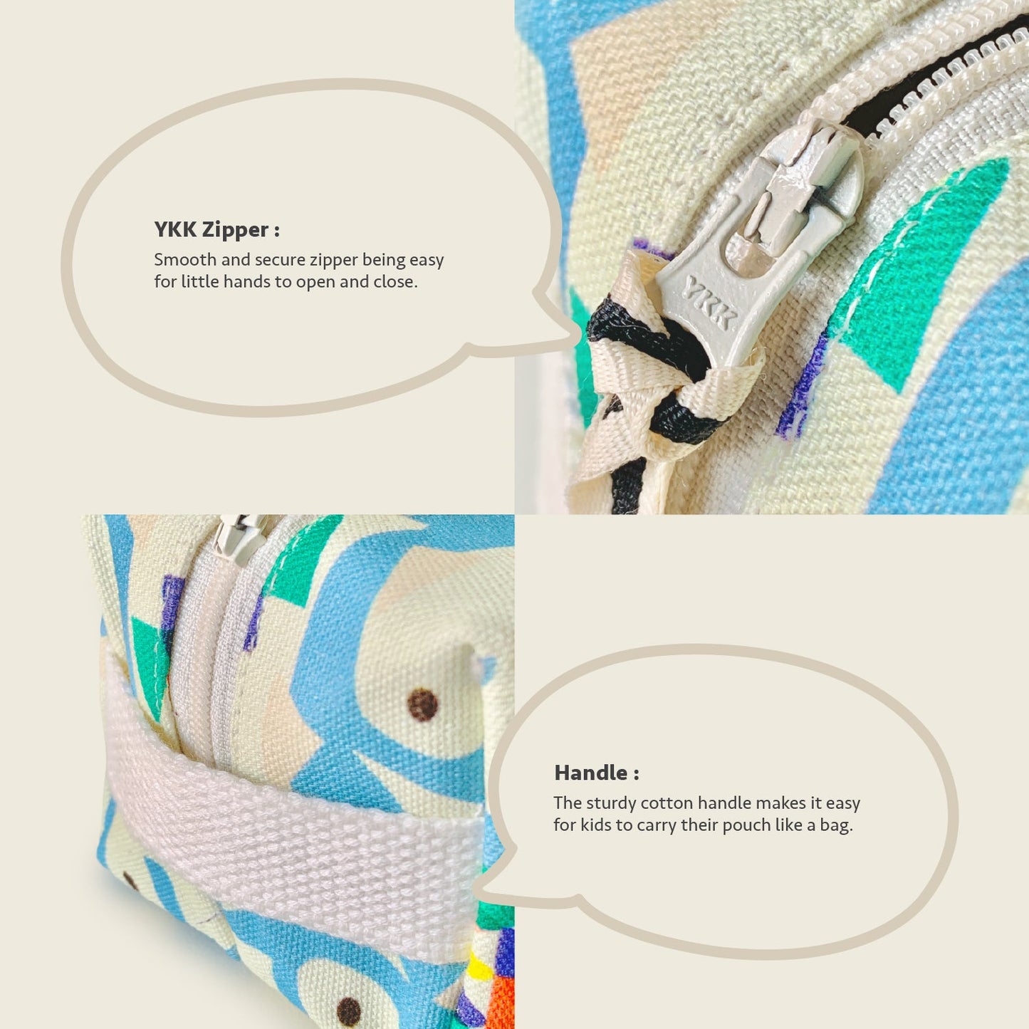 Close-up feature detail of Mapayah POUCH Flipper kids pencil organizer, zip closure