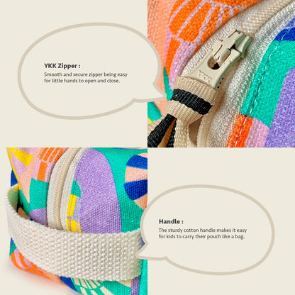 Close-up feature detail of Mapayah POUCH Glo kids pencil organizer, zip closure
