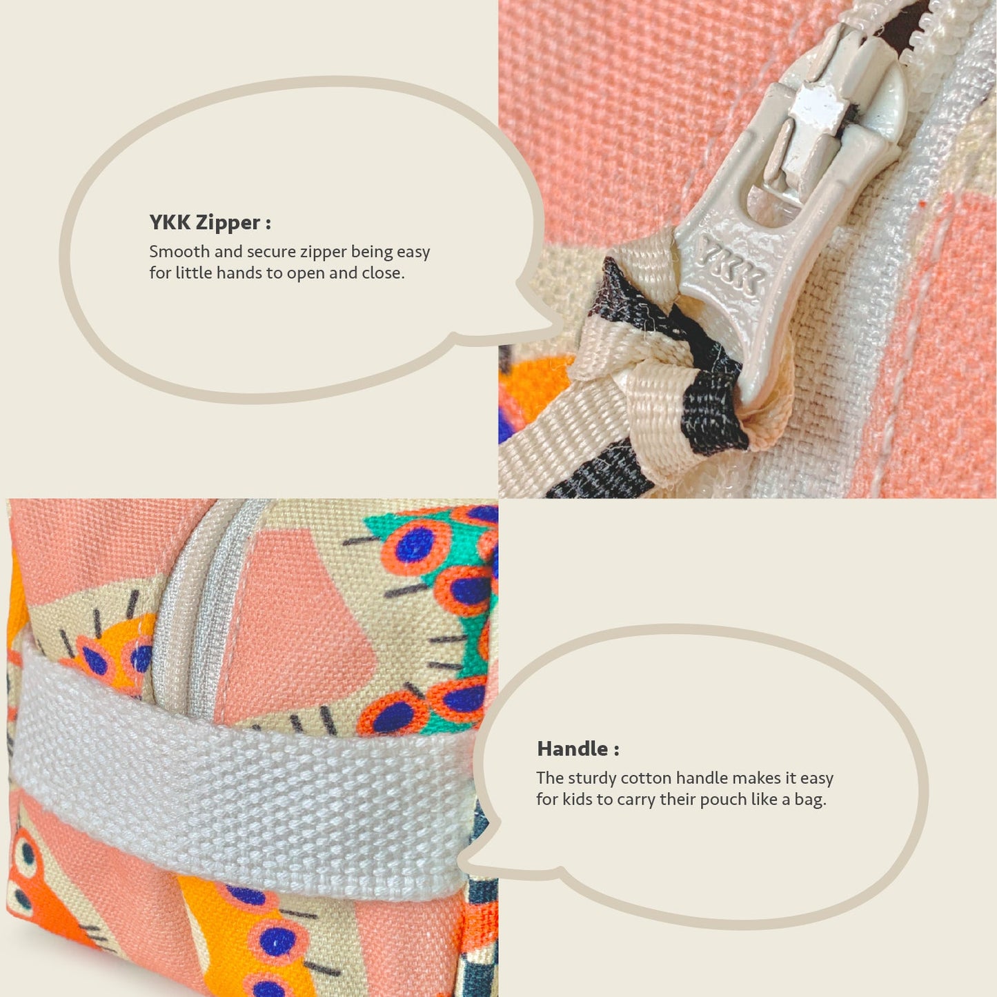 Close-up feature detail of Mapayah POUCH Wiggle Pink kids pencil organizer, zip closure