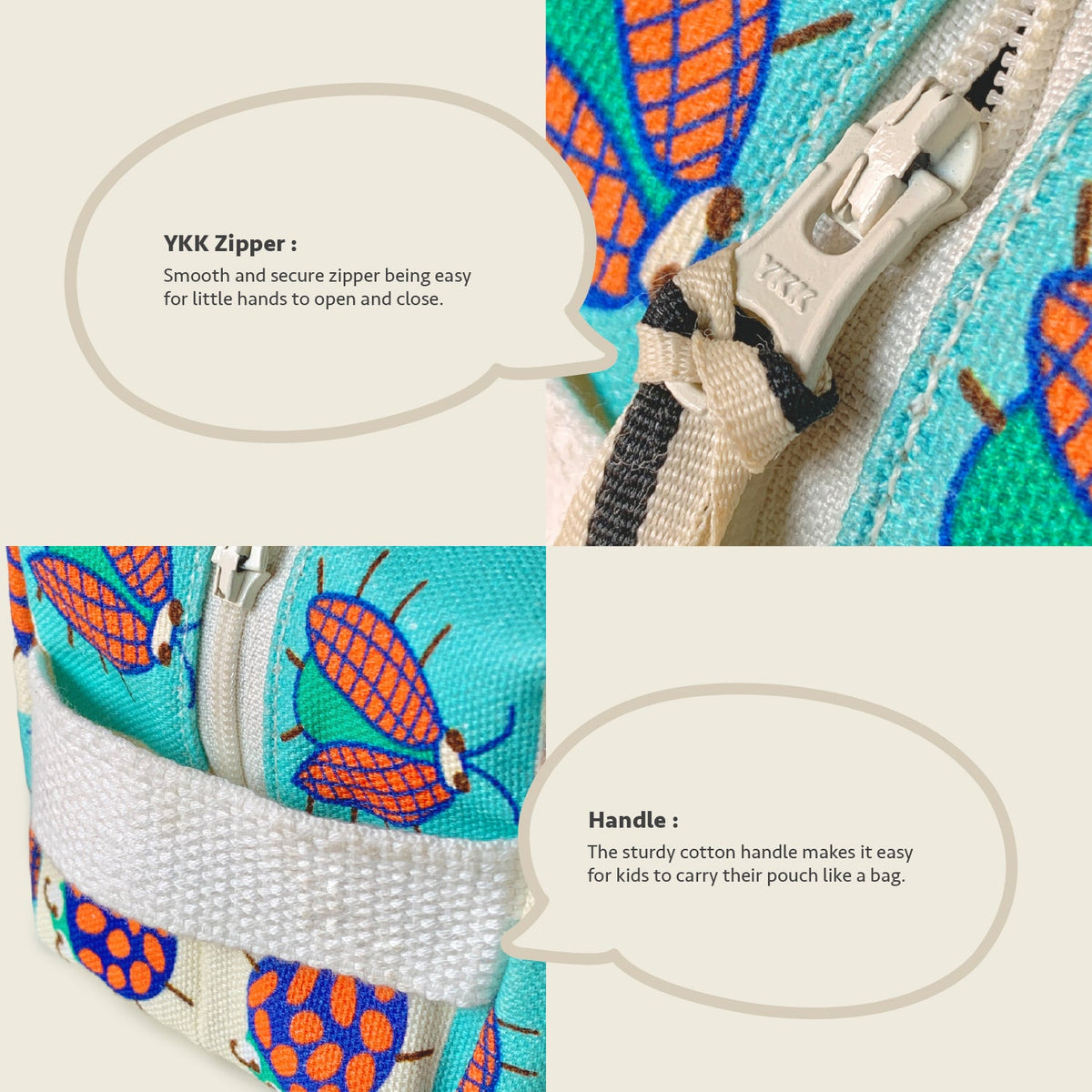 Close-up feature detail of Mapayah POUCH Ziggy kids pencil organizer, zip closure