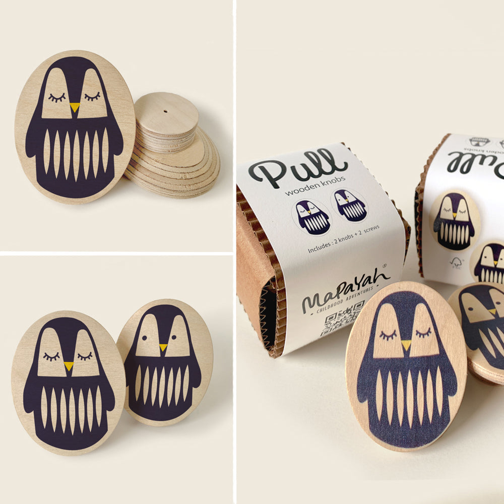 Mapayah PULL Oval wooden drawer knob, Cool Penguin design, front angle view